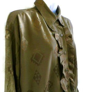 Vintage 80s Holly Sharp Blouse Green Embossed Diamonds Ruffle Placket Yoke M